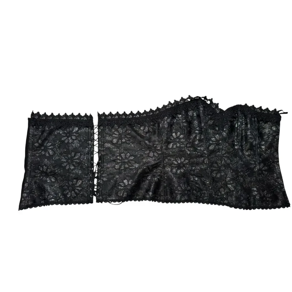 FREDERICKS OF HOLLYWOOD Black Silver Lace Up Corset Sz 42 Hook Eye Boning #8171